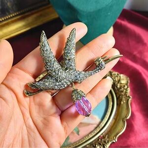 Antique Bird in Flight Brooch with Lavender Crystal Charm